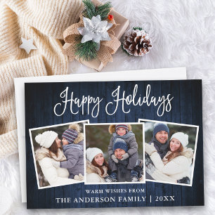 Fun Calligraphy Blue Wood 3 Photo Holiday Card