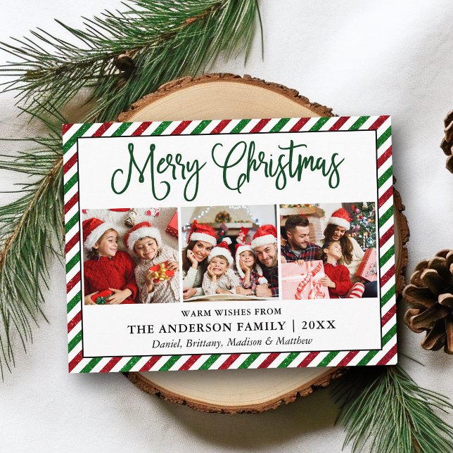 Fun Calligraphy Christmas 3 Photo Glitter Stripes Postcard (Customize to change your personalized text size or text style.)