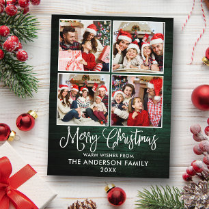 Fun Calligraphy Christmas Green Wood 4 Photo Postcard