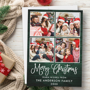 Fun Calligraphy Christmas Green Wood 4 Photos Holiday Card