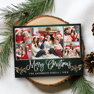 Fun Calligraphy Christmas Green Wood Holly 5 Photo Postcard