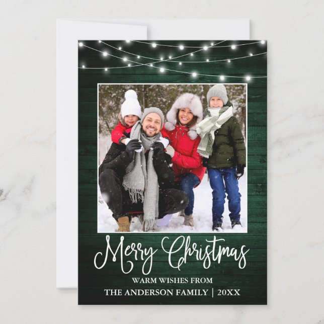 Fun Calligraphy Christmas Green Wood Lights Photo Holiday Card (Front)