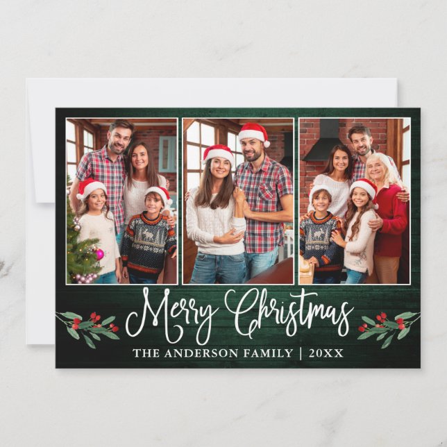 Fun Calligraphy Christmas Holly Green Wood Photo Holiday Card (Front)