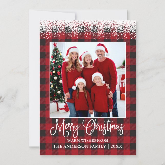 Fun Calligraphy Christmas Snow Topped Photo Plaid Holiday Card (Front)