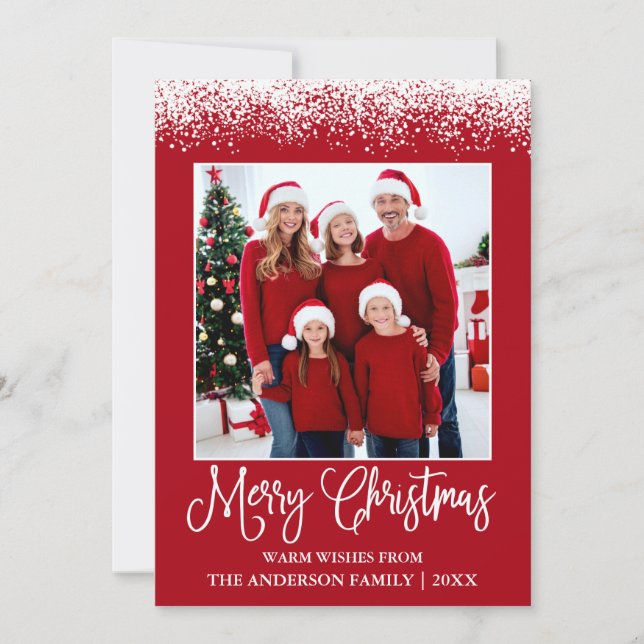 Fun Calligraphy Christmas Snow Topped Photo Red Holiday Card (Front)