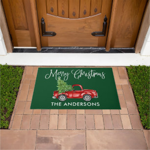 Fun Calligraphy Christmas Vintage Truck Green Doormat