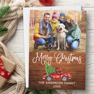 Fun Calligraphy Christmas Wood Red Truck Photo Holiday Card