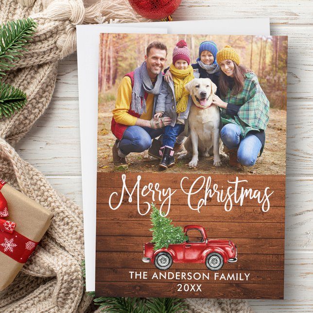 Fun Calligraphy Christmas Wood Red Truck Photo  Holiday Card (Customize to add text to back of card.)