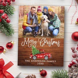 Fun Calligraphy Christmas Wood Red Truck Photo Postcard