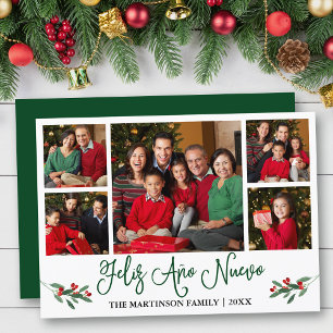 Fun Calligraphy Feliz Ano Nuevo 5 Photo Green Holiday Card