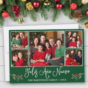 Fun Calligraphy Feliz Ano Nuevo Green 5 Photo Holiday Card