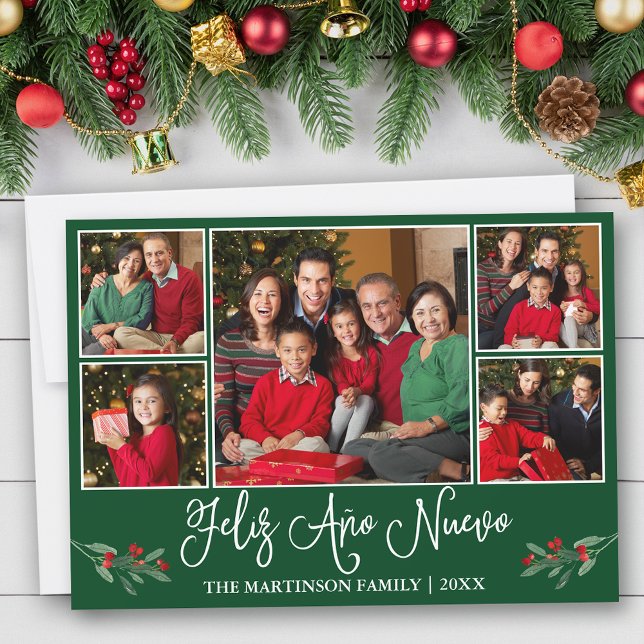 Fun Calligraphy Feliz Ano Nuevo Green 5 Photo Holiday Card (Customize to add text to back of card.)