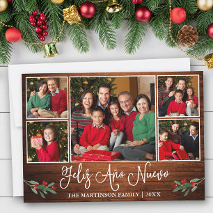 Fun Calligraphy Feliz Ano Nuevo Wood 5 Photo Holiday Card