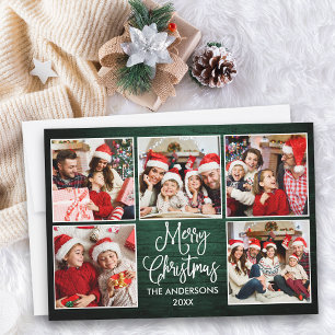 Fun Calligraphy Green Wood 5 Photo Christmas Holiday Card