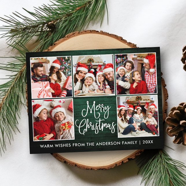 Fun Calligraphy Green Wood 5 Photo Christmas Postcard (Customize to change your personalized text size or text style.)