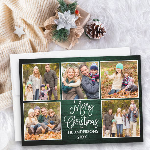 Fun Calligraphy Green Wood 5 Photos Christmas Holiday Card