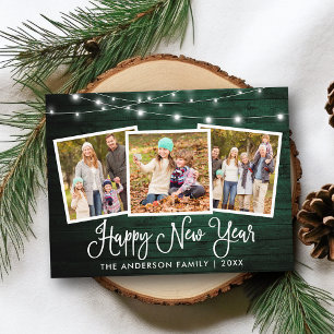 Fun Calligraphy Green Wood Lights 3 Photo New Year Postcard