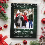 Fun Calligraphy Green Wood Lights Photo Holiday Postcard<br><div class="desc">Modern Fun Calligraphy Script Happy Holidays Family Photo Holiday Postcard - Rustic Country Green Wood with String Lights</div>