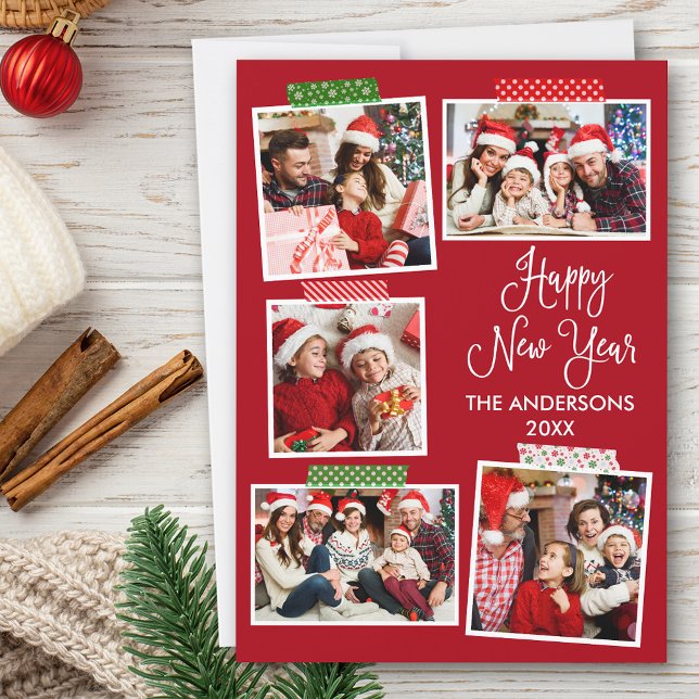 Fun Calligraphy Happy New Year Craft Tape Red  Holiday Card (Customize to add text to back of card.)