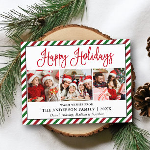 Fun Calligraphy Holiday Glitter Stripes 3 Photo Postcard