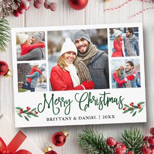 Fun Calligraphy Holly 5 Photo Couple Christmas Postcard