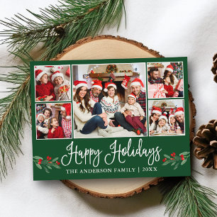 Fun Calligraphy Holly 5 Photo Happy Holidays Green Postcard