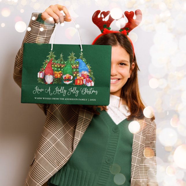 Fun Calligraphy Holly Jolly Christmas Gnomes Green Large Gift Bag (Customize with your name and year.)