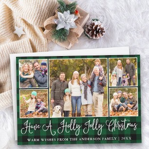 Fun Calligraphy Holly Jolly Christmas Green Plaid Holiday Card