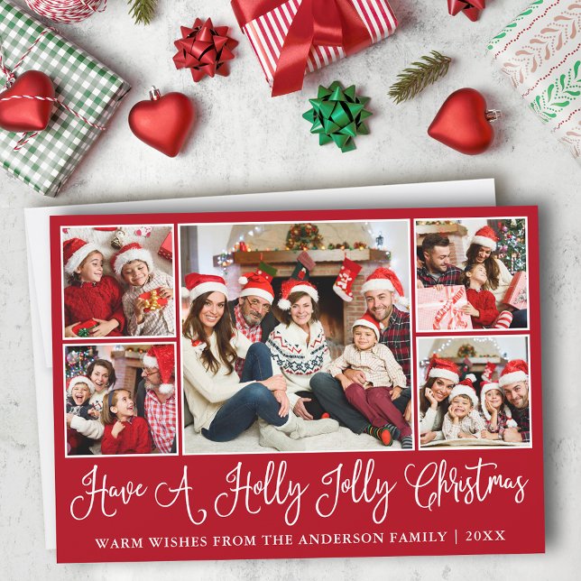 Fun Calligraphy Holly Jolly Christmas Red Holiday Card (Customize to add text to back of card.)