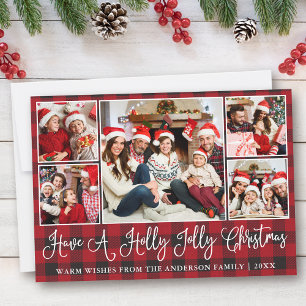 Fun Calligraphy Holly Jolly Christmas Red Plaid Holiday Card