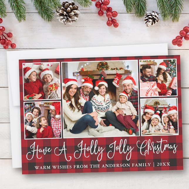 Fun Calligraphy Holly Jolly Christmas Red Plaid Holiday Card (Customize to add text to back of card.)