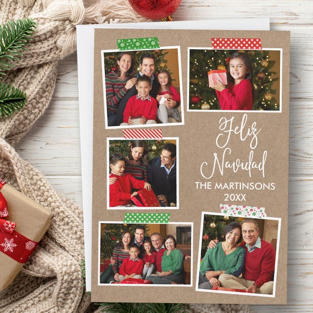 Fun Calligraphy Kraft Feliz Navidad Craft Tape Holiday Card (Customize to add text to back of card.)