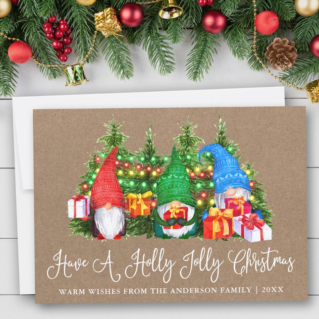 Fun Calligraphy Kraft Holly Jolly Christmas Gnomes Holiday Card (Customize to add text to back of card.)