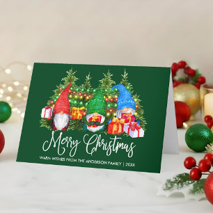 Fun Calligraphy Merry Christmas Gnomes Green Fold Holiday Card