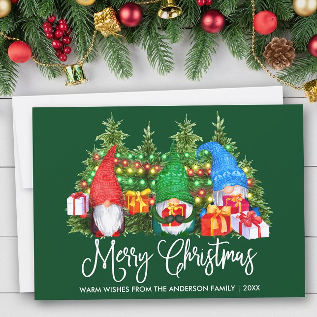Fun Calligraphy Merry Christmas Gnomes Green Holiday Card (Customize to add text to back of card.)