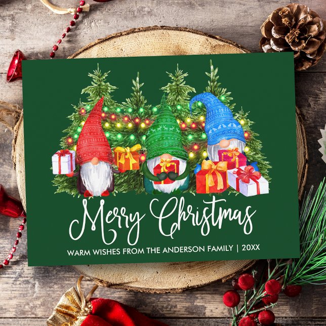Fun Calligraphy Merry Christmas Gnomes Green Postcard (Customize to change your personalized text size or text style.)
