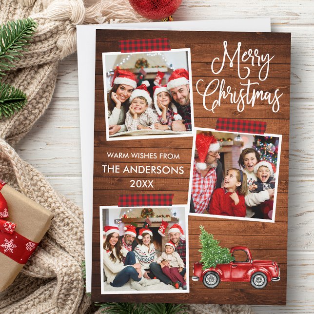 Fun Calligraphy Plaid Craft Tape Truck Wood Holiday Card (Customize to add text to back of card.)