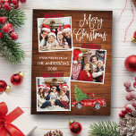 Fun Calligraphy Plaid Craft Tape Wood Truck Postcard<br><div class="desc">Modern Fun Calligraphy Script Merry Christmas 3 Photo Collage with Red Buffalo Plaid Craft Tape Holiday Postcard. Watercolor Vintage Red Truck with Christmas Tree. Rustic Country Wood.</div>