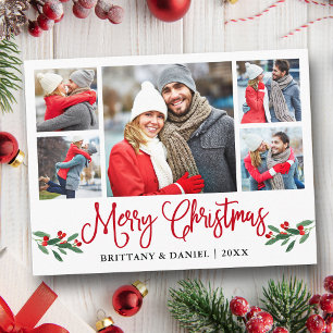 Fun Calligraphy Red Holly 5 Photo Couple Christmas Postcard