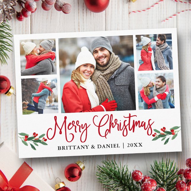 Fun Calligraphy Red Holly 5 Photo Couple Christmas Postcard (Customize to change your personalized text size or text style.)