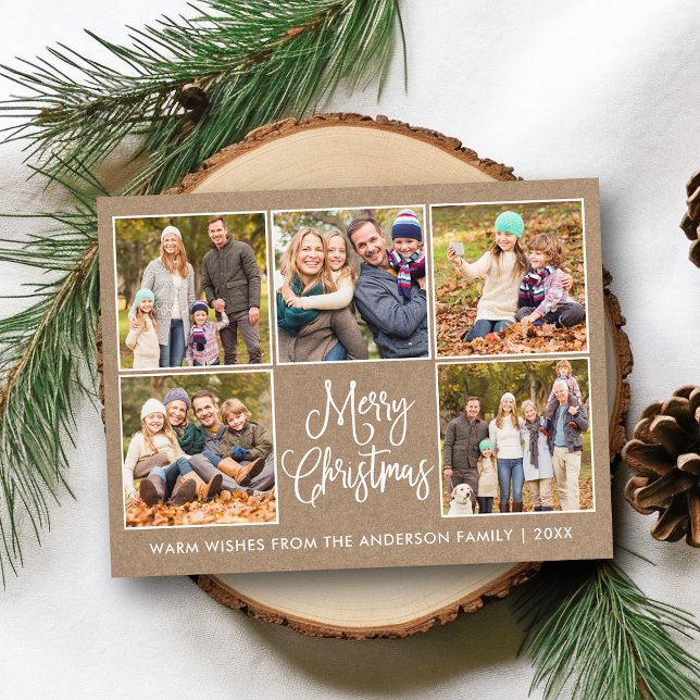 Fun Calligraphy Rustic Kraft 5 Photo Christmas Postcard (Customize to change your personalized text size or text style.)