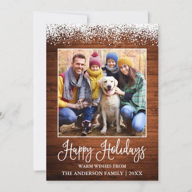 Fun Calligraphy Rustic Wood Snow Topped Photo Holiday Card (Front)