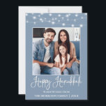 Fun Calligraphy String Lights Photo Blue Hanukkah Holiday Card<br><div class="desc">Modern Fun Calligraphy Script Happy Hanukkah Family Photo Holiday Card - Dusty Blue with String Lights</div>