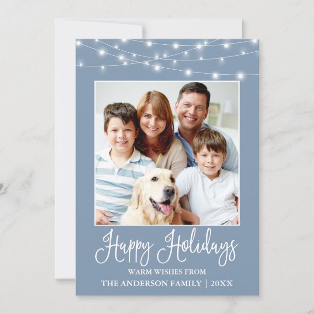 Fun Calligraphy String Lights Photo Blue Holiday Card (Front)