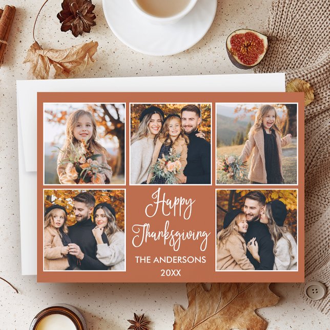 Fun Calligraphy Terracotta 5 Photo Thanksgiving Holiday Card (Customize to add text to back of card.)