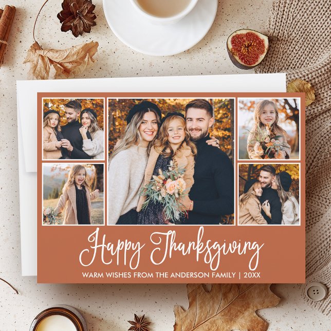Fun Calligraphy Terracotta 5 Photos Thanksgiving Holiday Card (Customize to add text to back of card.)
