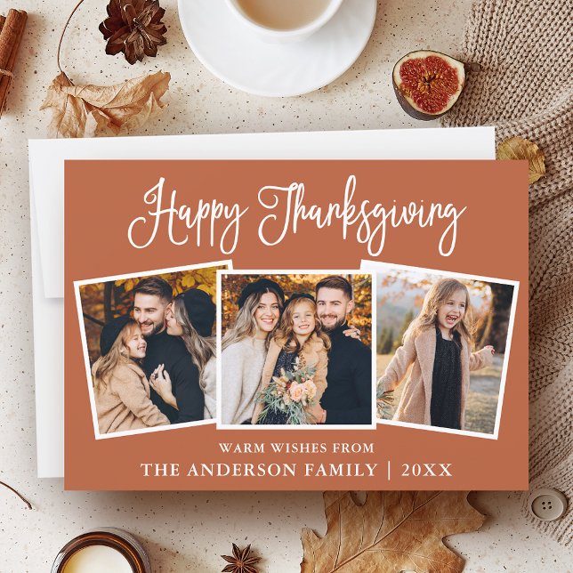 Fun Calligraphy Thanksgiving Terracotta 3 Photo Holiday Card (Customize to add text to back of card.)