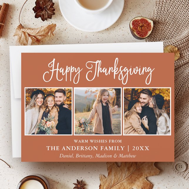 Fun Calligraphy Thanksgiving Terracotta 3 Photos Holiday Card (Customize to add text to back of card.)