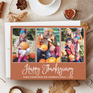 Fun Calligraphy Thanksgiving Terracotta 3 Photos Holiday Card