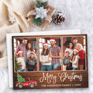 Fun Calligraphy Wood 3 Photo Christmas Red Truck Holiday Card